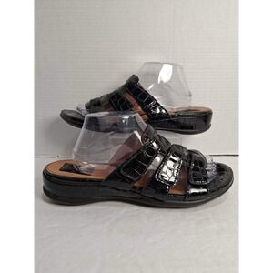 Clarks Women 11 Artisan Black Patent Croc Embossed Comfort Slip On Slide Sandals